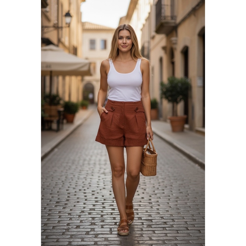 Sezane Romie Shorts Terracotta Rust Linen Blend High Waist FR 38 US 6